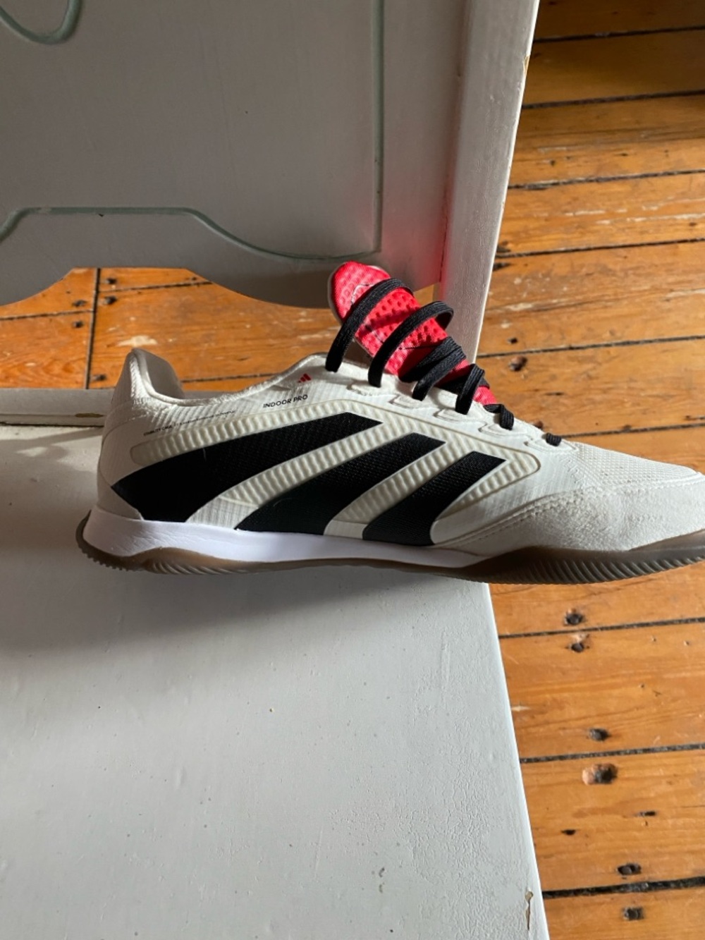 adidas Predator ProWhite Indoor Soccer Shoe with Black Stripes and Pink Tongue